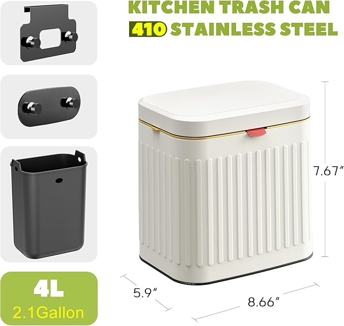 GloDeals Kitchen Trash Can with Lid, 2 in 1 Small Garbage Can Compost Bin Countertop, Wall-Mounted Under Sink Indoor Trash Bin for Kitchen, Bathroom, Cabinet Trash Can Hanging (4L, White/1.05 Gal)