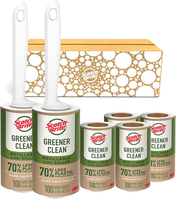 Scotch-Brite Greener Clean Lint Roller, Reusable Lint Rollers for Clothes, Furniture, and Pet Hair, Tidy Up Fabrics with a More Sustainable Fuzz Remover, 2 Roller, 4 Refills