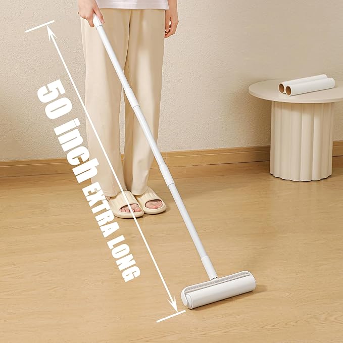Floor Lint Roller Long Handle with Cover and 2 Refills for Pet Hair Extra Sticky Large 9.45 inch Lint Remover for Carpet Bedding Couch (Extra Long Handle & 3 Sticky Rolls)