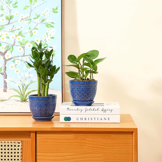 Sureasy Ceramic Plant Pots, 4.7 Inch Flower Pots for Indoor Plants, Succulent Pots with Saucer and Drainage Hole, Decorative Planter for Succulent, Cactus, Set of 4, Blue