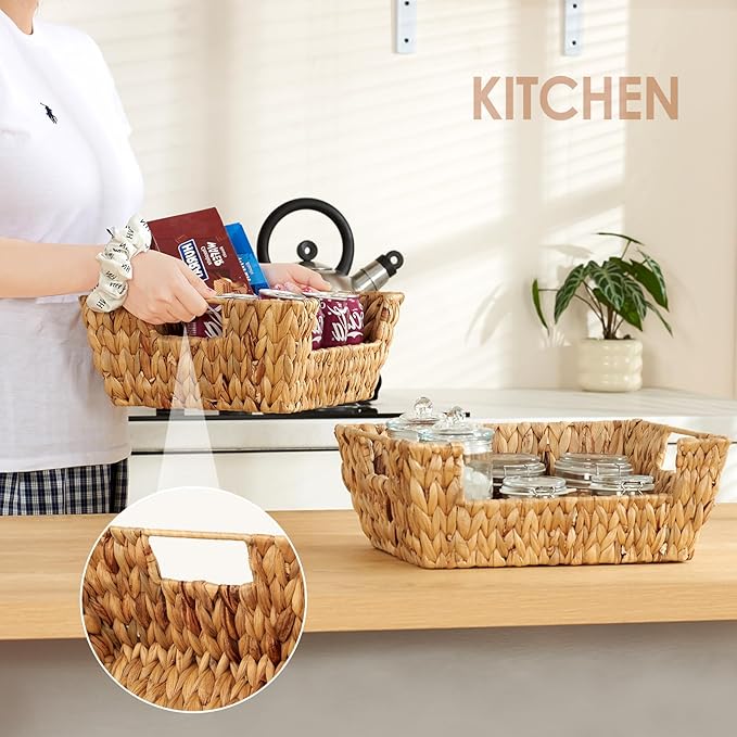 Water Hyacinth Wicker Basket 2 Pack With Handles - Pantry Storage and Organization, Handmade Large Natural Baskets for Organizing