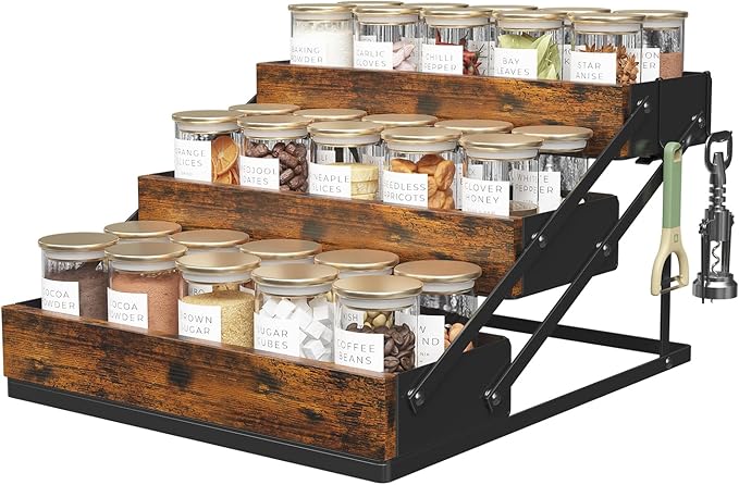 3 Tier Spice Rack Organizer for Cabinet, Foldable Spice Rack for Countertop, Cabinet Drawers Rustic Wooden Seasoning Spice storage for Kitchen Station, Pantry, Home - 1PC