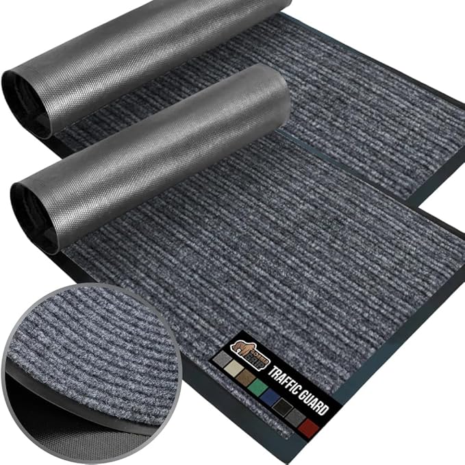 GORILLA GRIP Traffic Guard Door Mat, 2 Pack, Heavy Duty Waterproof Doormat, Commercial Office Space Welcome Mats, Stain and Fade Resistant, Low Profile, Strong Rubber Backing, 29x17, Gray
