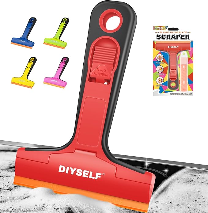 DIYSELF-Razor-Blade-Scraper, 1 Pack Razor Blade Scraper, Extra 5 PCS Orange Plastic Blades, Razor Blade Scraper Tool for Cleaning, Glass Scraper for Windows, Razor Scraper Tool for Car, Cooktop