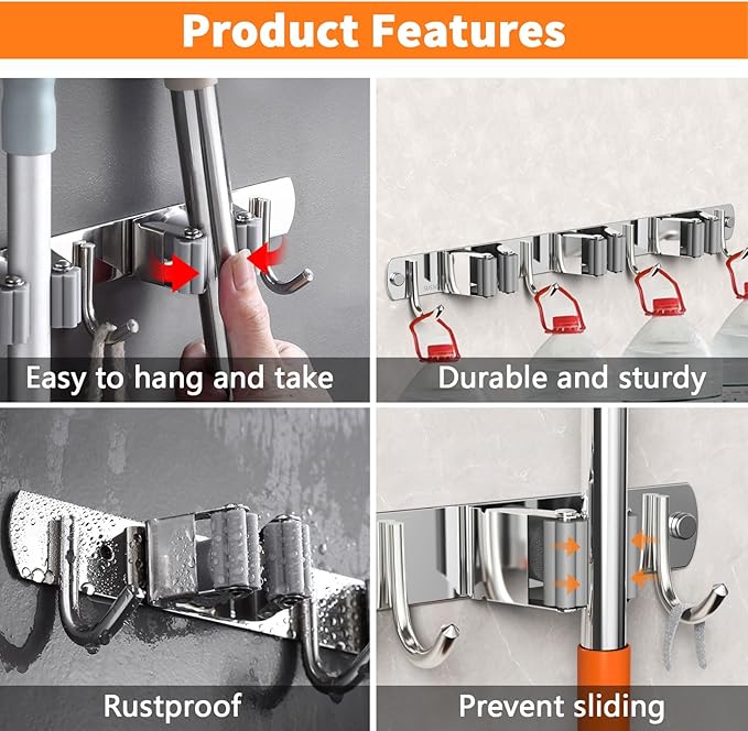 2 Pack Mop and Broom Holder Wall Mount, Non-slip Broom Hanger Wall Mount, Heavy Duty Mop Broom Organizer for Kitchen Garden Garage Laundry Room Wall Decor Organization and Storage Silver 5R4H
