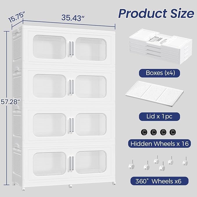 200GAL Extra Large Storage Bins with Lid, 800QT Storage Bins with Wheels, Folding Closet Organizer, Stackable Collapsible Plastic Storage Containers for Home, Office, Dorm, 4Pack White