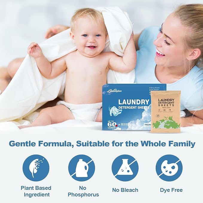 Laundry Detergent Sheet, Eco-Friendly & Hypoallergenic Wash Strips, Natural Ingredients, Ultra-Concentrated, Travel-Ready, No Plastic Jug- Unscented, (60 Loads) 30 Sheets