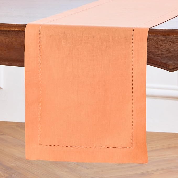 Solino Home Linen Coral Table Runner 72 Inches Long - 100% Pure Linen Hemstitch Table Runner 14 x 72 Inch for Dresser, Dining - Classic Hemstitch