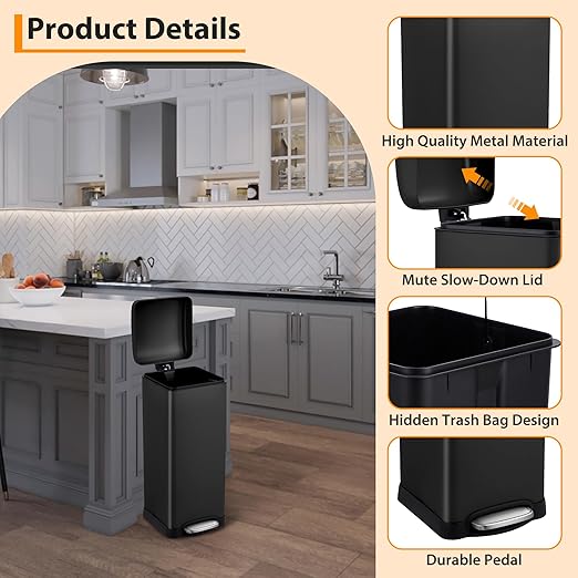 TrailBlaze 8Gallon / 30l Kitchen Trash Can, Stainless Steel Rectangular Pedal Recycle Bin with Soft-Close Lid, Removable Inner Bucket, Fingerprint-Proof, Step Trash Can for Home, Kitchen