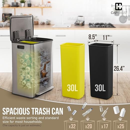 CAPHAUS Dual Trash Can with Lid, Trash and Recycling Bins Combo for Kitchen, Hands-Free Stainless-Steel Garbage Can with 2 Compartment, Hinged Lid, Odor Filter, Handles, 30L+30L, 2 x 8 Gallon