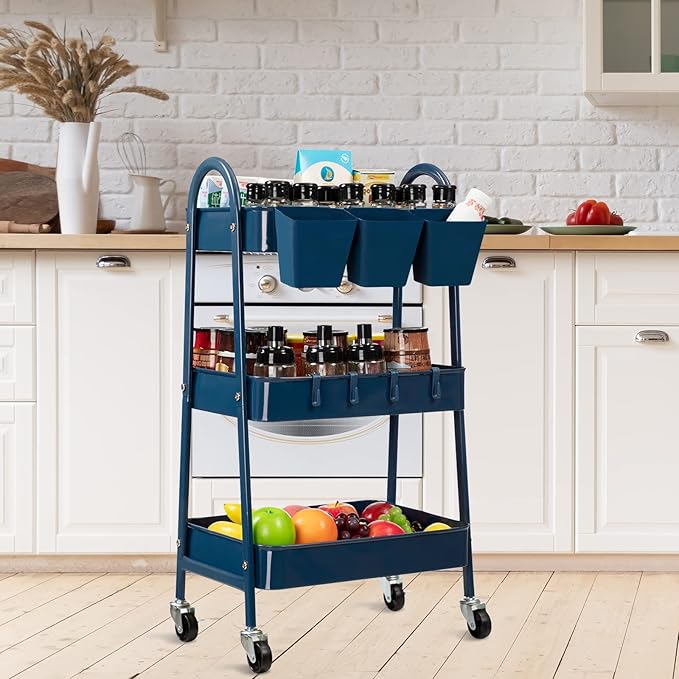 danpinera 3-Tier Rolling Cart, Metal Rolling Storage Cart with Lockable Wheels & Hanging Cups & Hooks, Mobile Trolley Cart for Kitchen, Bathroom, Office, Workshop, Dark Blue
