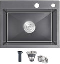 22x18 Inch Drop in Kitchen Sink, Handmade 304 Black Stainless Steel Sink, 9" Deep Single Bowl, Topmount with 2 Holes, R10 Tight Corner, for Modern Kitchen/RV/Bar Sink