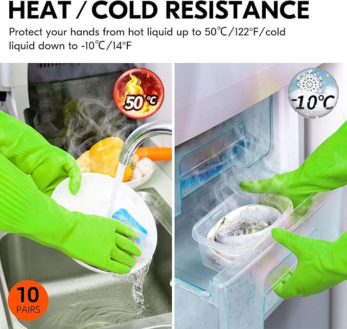 Vgo... 10-Pairs Dishwashing Gloves, Reusable Household Gloves, Long Sleeve, Thick Latex, Cleaning, Washing, Working, Painting, Gardening, Pet Care (Size L, Green, RB2143)