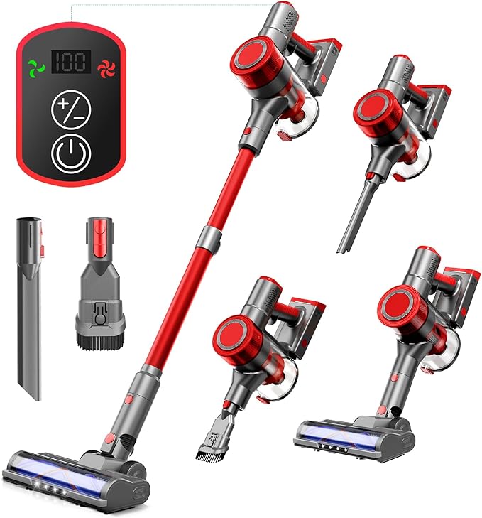 Cordless Vacuum Cleaner, Lightweight Stick Vacuum Cleaner for Home, 6 in 1, Anti-Tangle Vacuum with Powerful Suction, 180° Bendable Wand Rechargeable Cordless Vacuum for Floor Pet Hair/Carpet Deep Red