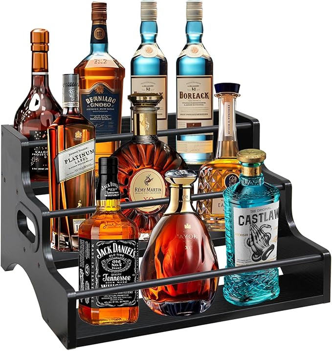 AT-VALY 3-Tier Spice Rack, Iron&MDF Kitchen Storage Shelf, Space-Saving Countertop Organizer for Spices, Herbs, Seasonings, Sturdy Stylish Condiment Holder,Countertop Wine Rack (Black Grain)