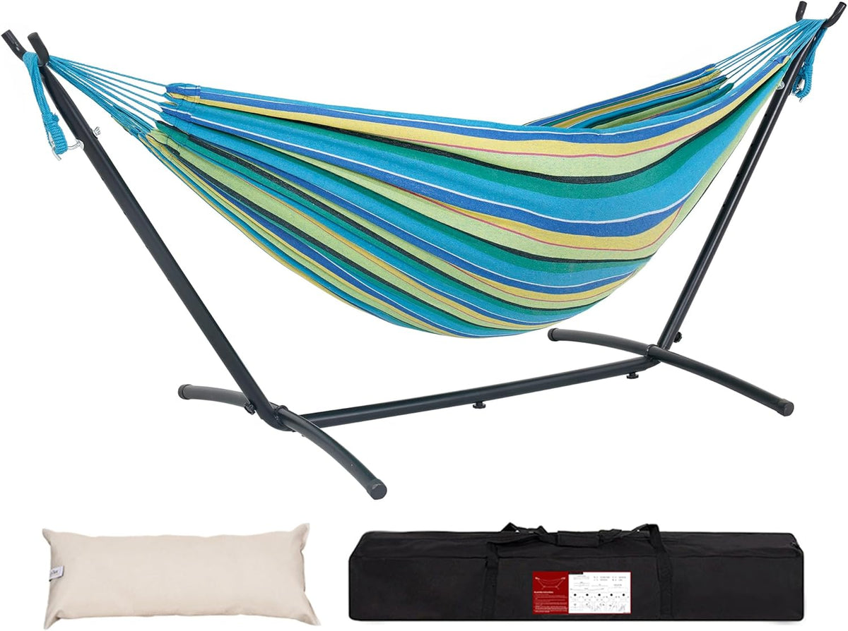 Lazy Daze Hammocks Double Hammock with 9FT Space Saving Steel Stand Includes Portable Carrying Case, 450 Pounds Capacity (Blue&Yellow)