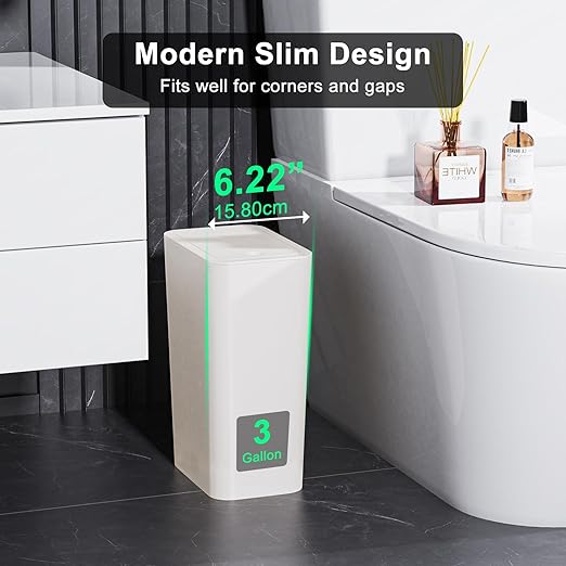 N. NETDOT 3 Pack Small Trash Can with lid, 3 Gallon Bathroom Trash Can,Garbage Can Slim Trash Bin Waste Basket for Bathroom,Kitchen,Bedroom,Living Room,Office,Laundry - Off White
