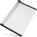 Tomorotec 17.7" x 15.5" Roll Up Dish Drying Rack Over Sink Drying Rack Sink Cover Kitchen Sink Accessories Gadget Multipurpose Organizer Foldable Stainless Steel Drainer