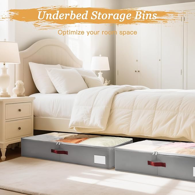 Criusia Under Bed Storage Bins with Clear PVC Lids – 2 Pack Large Underbed Organizers with Heavy-Duty Handles, Reinforced with 800G PP Panels & 80G Non-Woven Fabric – Waterproof & Foldable, Gery