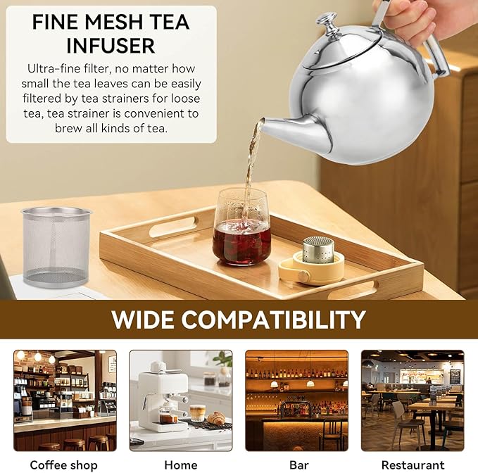 Stainless Steel Tea Pot with Infuser, Tea Pot with Removable Infuser For Loose Leaf and Tea Bags Metal Tea Kettle with Filter Stovetop Tea Maker Brewing Loose Leaves and Tea Bags (1L)