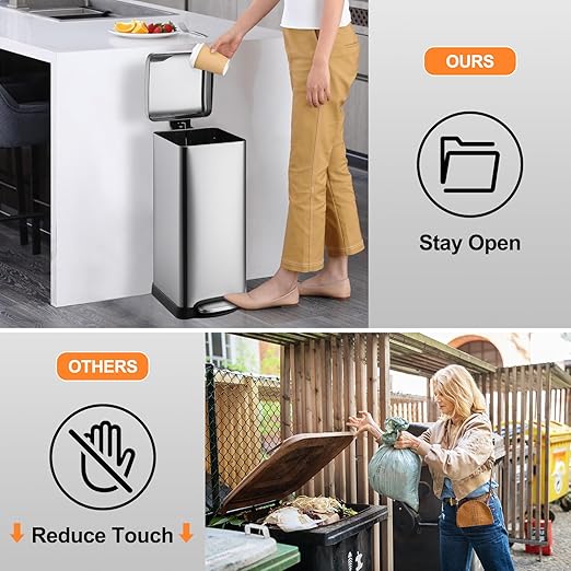 8 Gal/30L Slim Trash Can, Rectangular Step-On Stainless Steel Garbage Can, Soft-Close Lid, Anti-Fingerprint Surface, Recycling Bin with Removable Inner Basket, for Kitchen Dining Room, Silver
