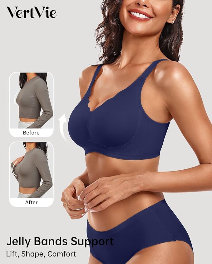 Vertvie Womens Seamless Bras No Underwire Supportive Wireless Push Up Full Coverage Bralette Comfort Scalloped T-Shirt Bra