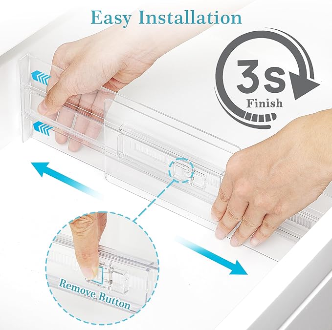 Vtopmart 4 Pack Drawer Dividers for Clothes, 4" High 10.2"-16.6" Adjustable Expandable Dresser Drawer Organizer, Clear Plastic Separators for Dresser, Baby Clothing, Underwear, Cosmetic, Toiletries