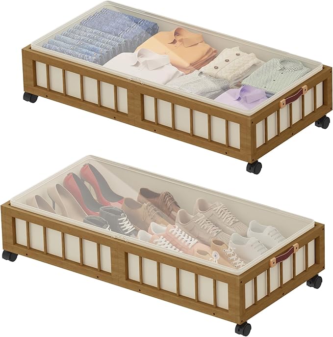 efluky 2-Pack Bamboo Under Bed Storage with Wheels, Rolling UnderBed Storage Basket with Large Dust Bag, Under Bed Storage Containers for Bedroom, Dorm and Basement, Brown