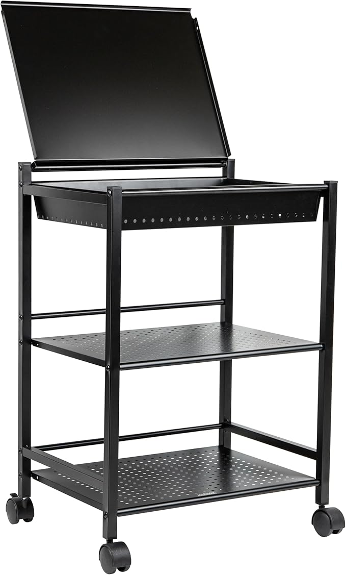 Mind Reader Cart with Covered Compartment, Office Organizer, Storage, 3-Tier, Office, Metal, 20" L x 14.25" W x 28.75" H, Black