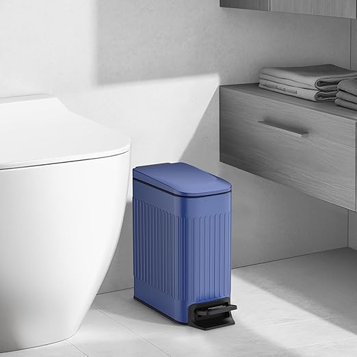 TIPGO Slim Bathroom Trash Can with Lid Soft Close, Step Pedal, 6 Liter / 1.6 Gallon Stainless Steel Trash Bin, Small Garbage Cans for Bedroom, Office, Kitchen (Blue)