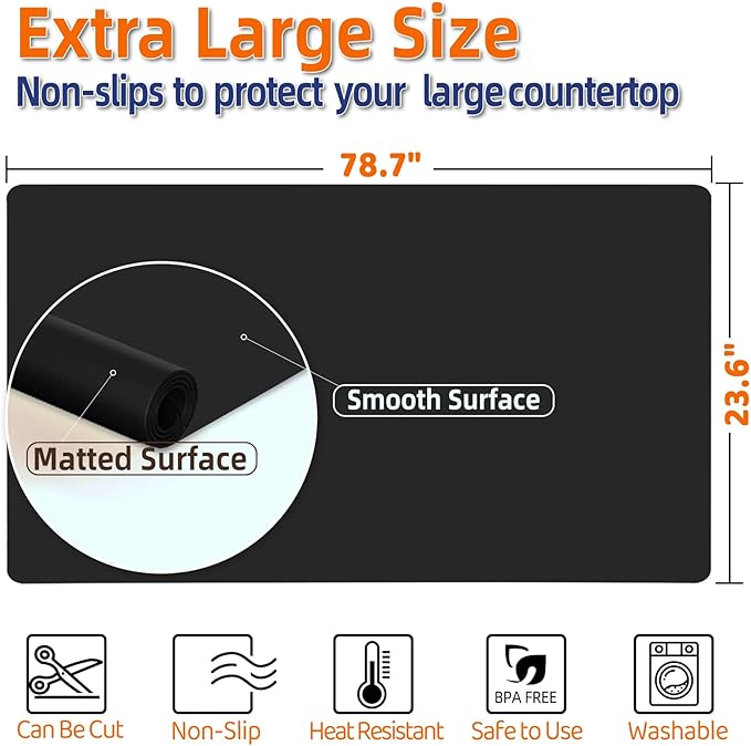 Warome Silicone Mat,78.7”x 23.6” Heat Resistant Mats for Countertop,Extra Large Countertop Protector Mat, Multi-functional Cuttable Kitchen Counter Mat, Silicone Mats for Kitchen Counter/Crafts -Black