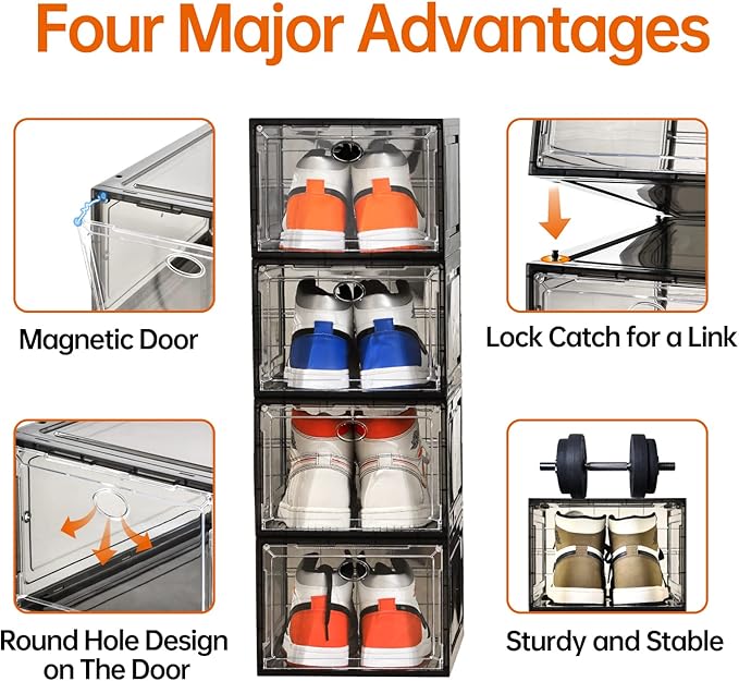 12 Pack Shoe Boxes Stackable,Upgraded Sturdy Shoe Storage Boxes with Clear Magnetic Door,Multifunctional Sneaker Storage, Shoe Box Organizer Fit up to US Size 12 Gray(13.8”x 9.84”x 7.1”)