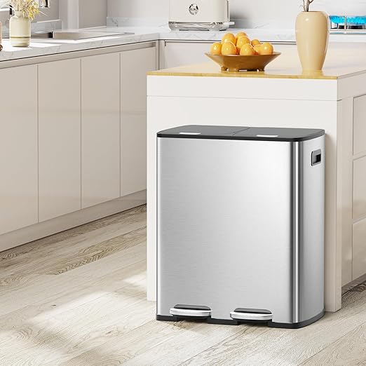 KUK 60 Liter / 16 Gallon Dual Trash Can with Lid, Stainless Steel Kitchen Step Garbage Can, 2 x 8 Gal Double Compartment Classified Rubbish Bin with 2 Plastic Inner Buckets Silver