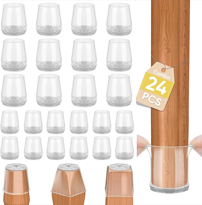 BALEINE 24 Pack Silicone Chair Leg Floor Protectors, Stool Leg Protectors Cap, Non-Slip Chair Leg Caps for Hardwood Floors (Clear Combo 24 Pack)