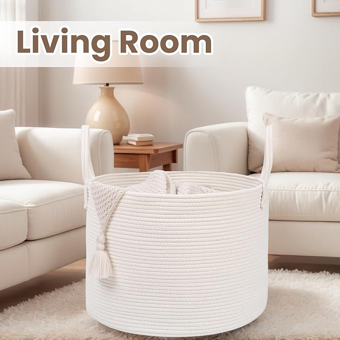 Woven Blanket Basket,115L Large Rope Storage Bin with Handles, Organizer for Blankets Toys Book and Clothes, Laundry Basket for Living Room Bedroom Nursery,White