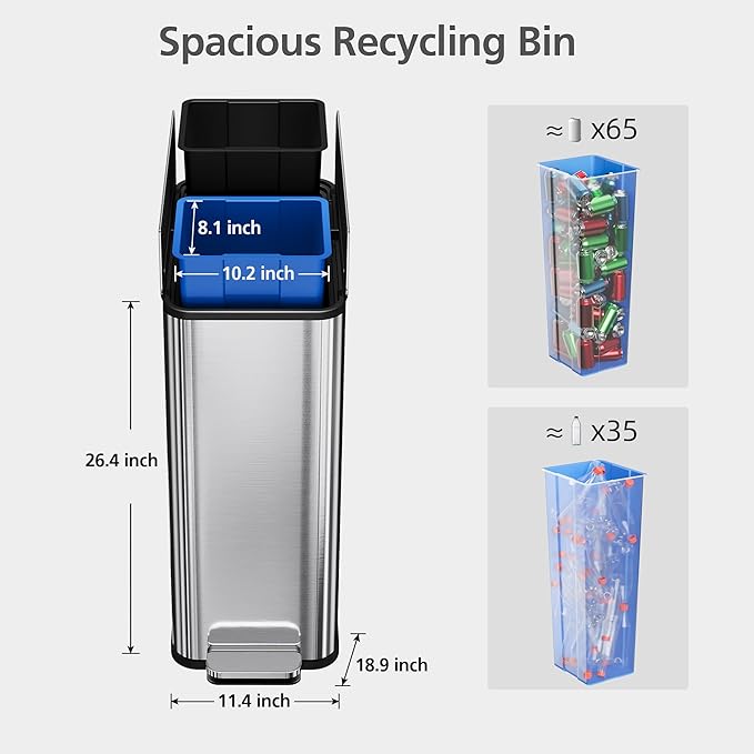 2 x 7.4 Gal (2 x 28L) Slim Trash Can, Stainless Steel Dual Compartment Step-On Recycling Bin with Butterfly Lids & Removable Plastic Inner Buckets for Kitchen, Home, Office