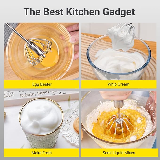 Egg Whisk,2025 Upgraded Stainless Steel Semi Automatic Whisk,Hand Wisk Egg Beater Easy to Use for Making Cream, Blending, Whisking, Beating & Stirring (12 Inch)