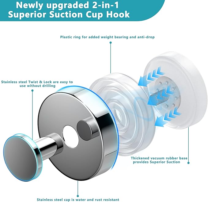 Suction Cup Hooks for Shower,Removable No Drill Towel Hooks,Upgraded 15 lbs Strong Suction hooks for Bathroom Tile,Shower Wall,Glass Door,Kitchen-Loofah,Coat,Stainless Waterproof-Chrome 4 Pcs