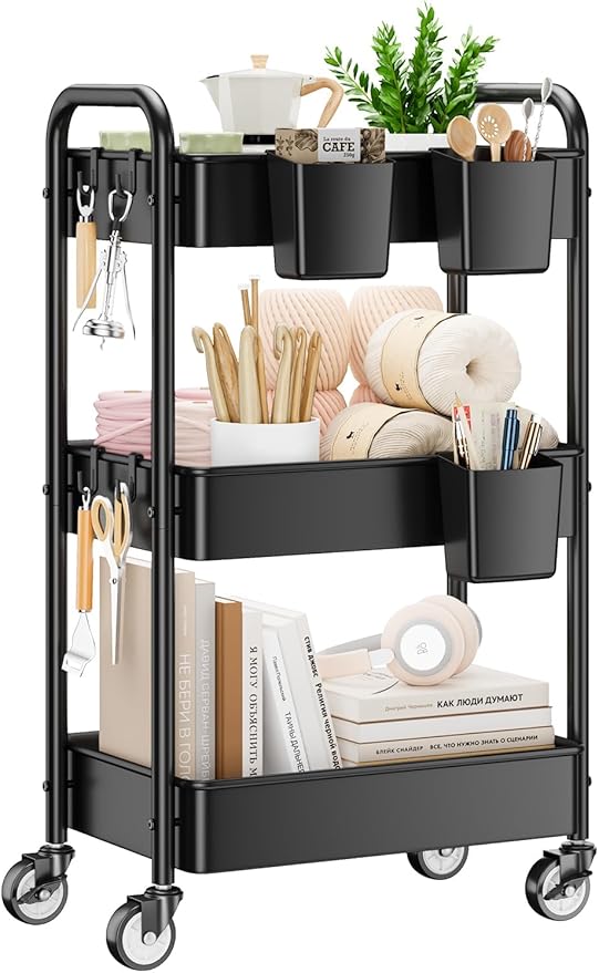 YASONIC 3 Tier Rolling Cart - Metal Utility Cart with Wheels, Hanging Cups, Hooks, Heavy Duty Mesh Rolling Storage Cart Organizer, Craft Cart for Kitchen Office, Lightweight and Sturdy