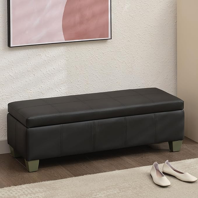 51 Inch Black Faux Leather Ottoman with Storage, Rectangular Extra Long Bench, End of Bed Bench with Large Storage for Bedroom, Living Room