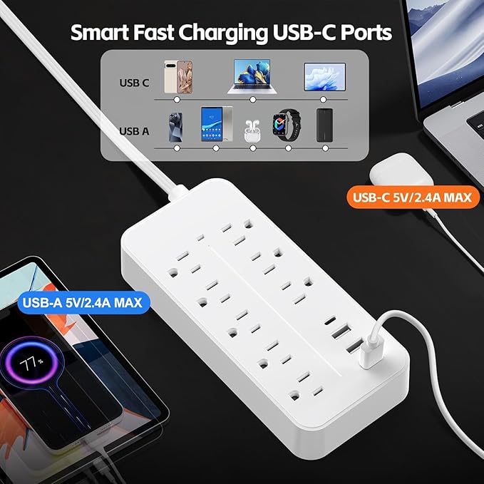 5FT Surge Protector Flat Extension Cord, ETL Listed Flat Plug Power Strip, 8 AC Outlets, 4 USB Charger(1 USB C Port),1700 Joules Protection, Office Supplies, Dorm Room Essentials White