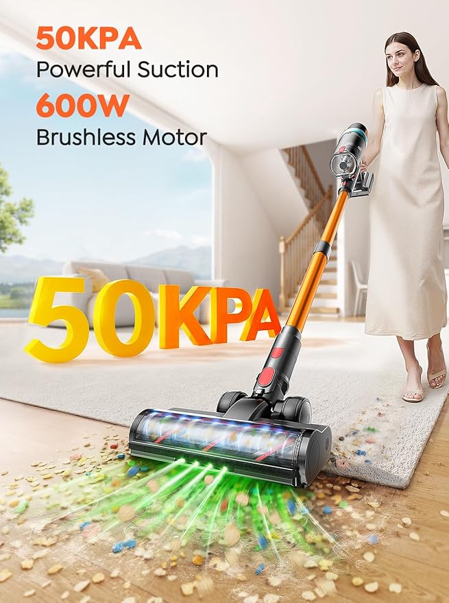 Cordless Vacuum Cleaner, Upgraded 600W 50Kpa 65Mins Vacuum Cleaners for Home, LED Touch Screen Stick Vacuum with Rechargeable Wall Mount & 3.3Ft Extendable Hose for Carpets/Pet Hair/All Floor