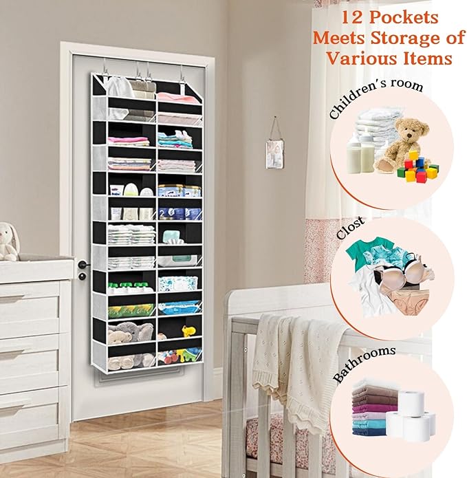 Over The Door Organizer 6 Tiers, Extra Large Behind Door Storage of 12 Compartments, 80 lbs Weight Capacity Hanging Storage Organizer with Clear Window Kids Toys, Shoes, Diapers, Room Storage,Black