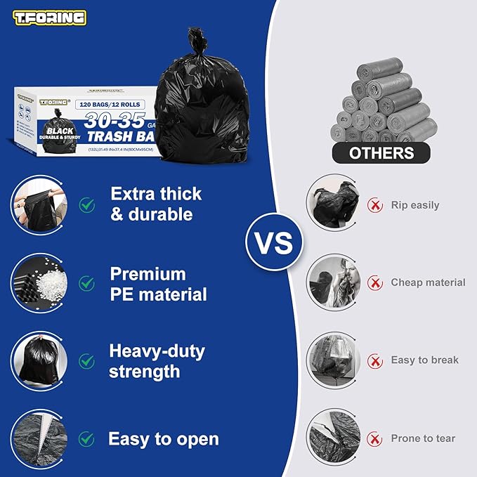 30-35 Gallon Black Trash Bags 120 Count - 32" x 37" Large Garbage Bags, 30+ Gallon Strong Trash Can Liners for Home, Commercial Use,Yard Waste, Bulk