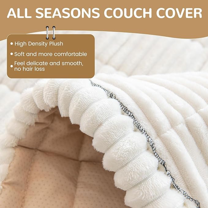OTOB Dog Couch Covers for 3 Cushion Washable Non Slip Plush Pet Friendly Bed Mat Sofa Cover for Dogs, All Seasons Cozy Soft Fuzzy Furniture Protector Sofa Slipcovers (Cream, 27.6" x 59.1")