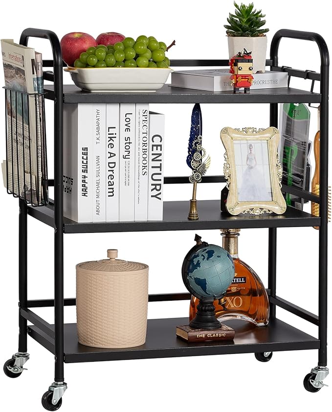 HDANI 3 Tier Metal Rolling Utility Cart,High Capacity Multi Purpose Heavy Duty Cart,for Office,Kitchen,Living Room,Bedroom,Etc.(Black)…