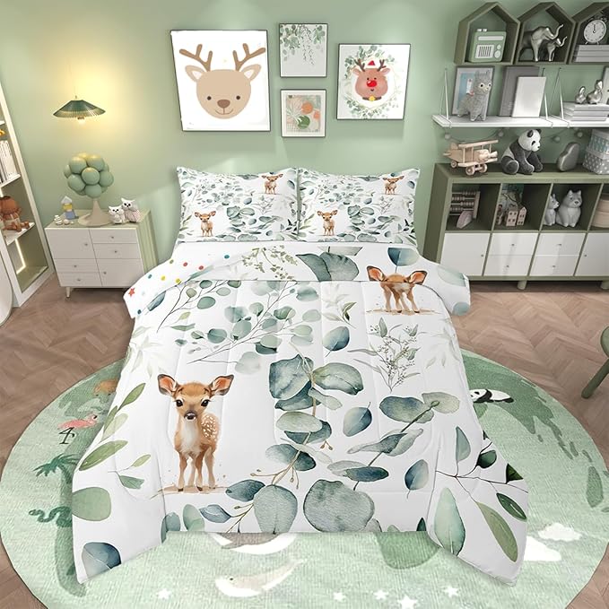 Erosebridal Cartoon Deer Twin Size Comforter Set Toddler Woodland Wildlife Bedding Set, Spring Plant Down Comforter Eucalyptus Leaf Bed Set, Jungle Animal Theme Quilted Duvet Kids Room Decor