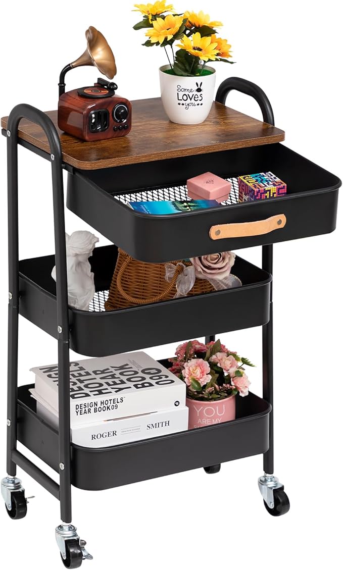 AGTEK Movable Rolling Organizer Cart with Drawer, 3 Tier Metal Utility Cart with Hanging Cups, Drawer with Leather Handle, Mobile Trolley Cart for Home & Office, Black