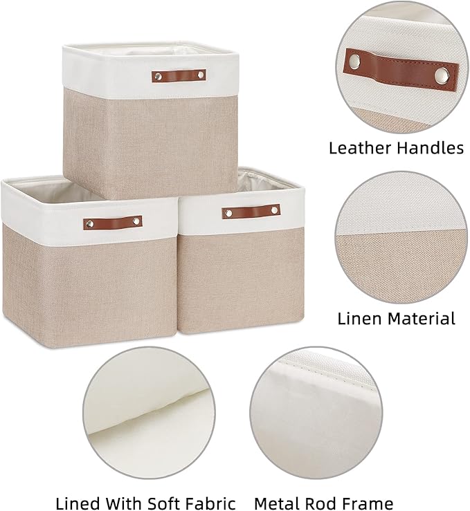 HNZIGE Cube Storage Baskets for Shelves Foldable Storage Baskets(3 Pack) Cube Storage Bin,13 Inch Storage Basket for Organizing with Leather Handles for Toys, Clothes, Kids, Closet (White&Beige)