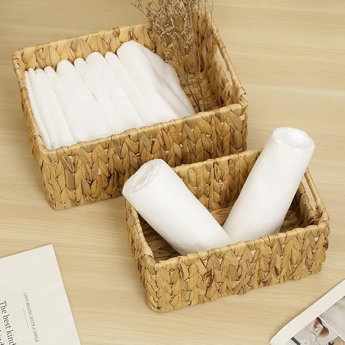 HOONEX Water Hyacinth Storage Baskets, Wicker Baskets for Storage, Hand Woven Baskets with Carry Handles, Set of 2, Natural